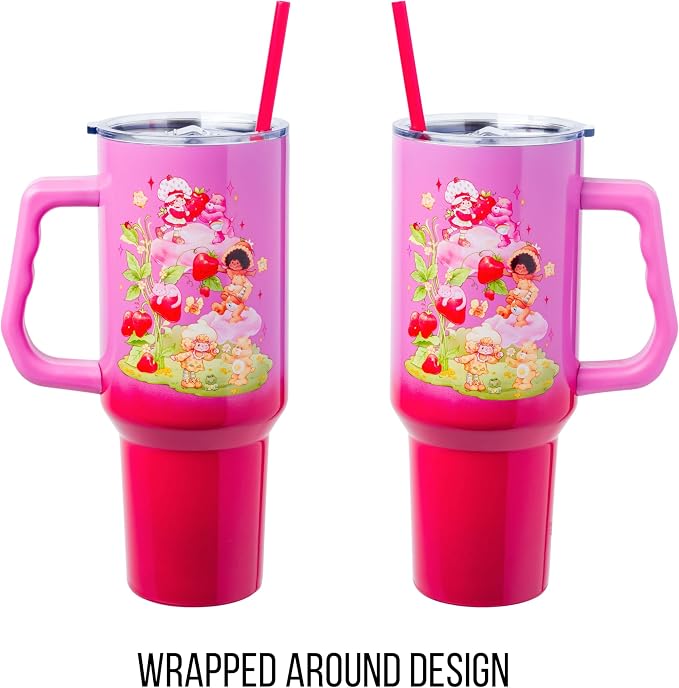 Silver Buffalo Care Bears and Strawberry Shortcake Ombre Double Walled Stainless Steel Tumbler with Handle, Fits in Standard Cup Holder, 40 Ounces