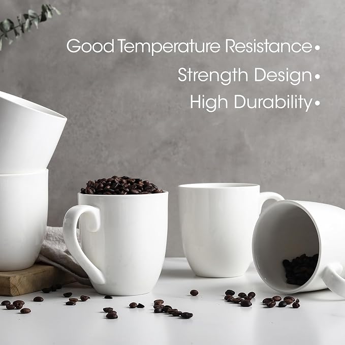 Coffee Mugs Set of 6, 16Oz Large Ceramic Mugs with Comfort Grip, White Porcelain Coffee Cups for Cocoa, Latte, Hot Tea, Cappuccino, Mocha, Milk, Dishwasher Safe, 5.5 x 4.5 inch
