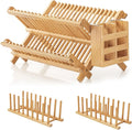 HBlife Bamboo Folding 2-Tier Collapsible Drainer Dish Drying Rack with Utensils Flatware Holder and 2pcs Dish Plate Bowl Cup Book Pot Lid Cutting Board Drying Rack Stand