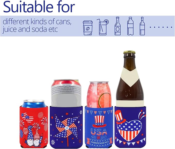 【16 PCS】 4th of July Can Holder in Bulk 4th of July Decorations Outdoor Can Cooler 4th of July Accessories Party Favors Patriotic Party Supplies Fourth of July Independence Day Accessories