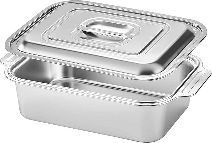 Extra Deep Stainless Steel Lasagna Pan with Wide Handles & Lid, 16.5 x 10 x 4 Inch, 6.3 QT Large Casserole Baking Dish, Oven Safe Heavy Duty Baking & Roasting Pan for Meal Prep & Storage