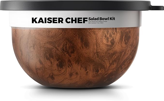 Salad Bowl Kit 74oz,Salad Container For Lunch,18/8 Stainless Steel,Salad Bowl With Lid, Includes 1.7oz Condiment Container and Removable Tray,Leak-Proof, Easy to Clean (Wood)
