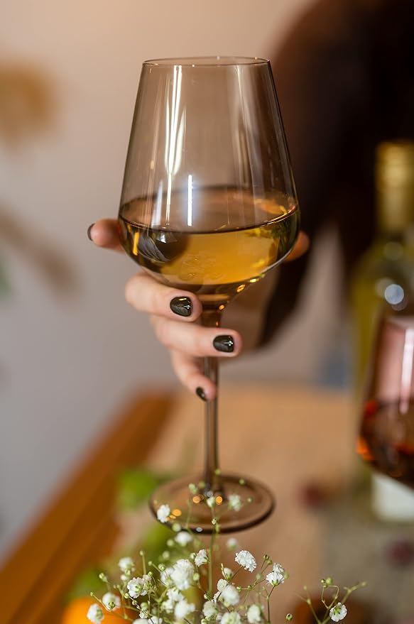 Saludi Original Smokey Sand Wine Glasses, 16.5oz (Set of 6) Stemmed Single Color Smoky Amber Brown Neutral Glass - Great for All Wine Types and Occasions or Gifts - Luxury, Durable, Hand-Blown