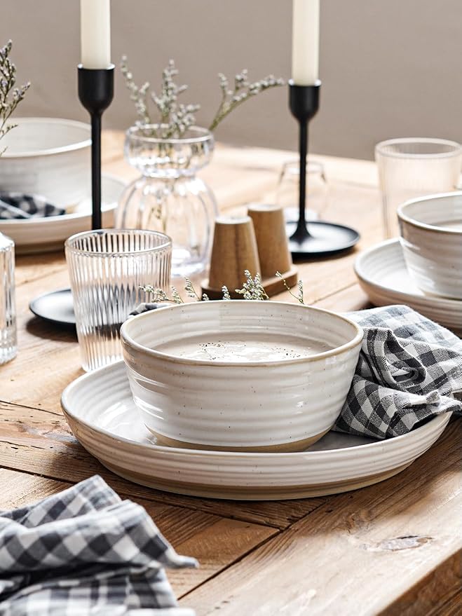 LE TAUCI Ceramic Dinnerware Sets for 4, 16 Piece Kitchen Dish Set with Mugs, Plates and Bowls Sets, Chip Resistant, Microwave & Dishwasher Safe, Arctic White (8"&10" Plate, 28oz Bowl, 12oz Mug)