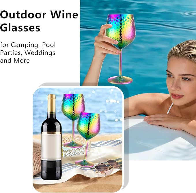 UNISWEET Stainless Steel Wine Glasses Set of 4 Unbreakable (Colorful) | 17 oz Large-capacity Hammered Goblets, Lightweight & Reusable, Good for Outdoor, Camping, Pool Travel, Gift for Wine Lovers