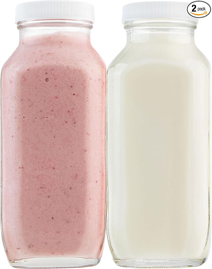 kitchentoolz 16oz Square Glass Milk Bottle with Lid - Glass Jars with Airtight Lid used for Milk Container, Yogurt, Smoothies, Juice, Kefir, & Water -2 Pack 16 oz Glass Bottles with Lids