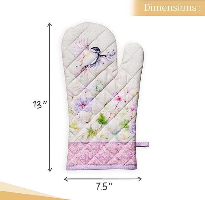 Maison d' Hermine 100% Cotton Oven Mitt & Pot Holder Set (7.5"x13" & 8"x8") Heat Resistant BBQ Cooking Gloves with Loop Grilling Kitchen Gifts for Mothers Day Spring/Summer (Magnolia Mornings)
