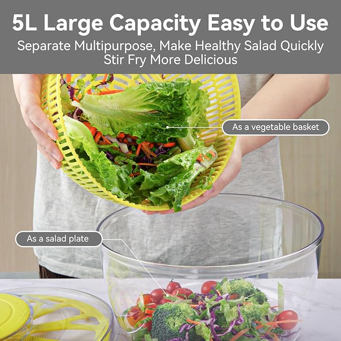 2-in-1 Salad Spinner & Mandoline Slicer Lettuce Spinner Vegetable Washer Dryer with 5 Interchangeable Blades, 5L Large Capacity, Easy to Clean, Food-Grade Kitchen Tool for Vegetables & Fruits