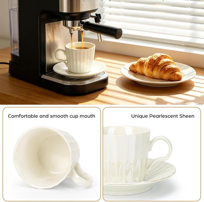 Ceramic Coffee Cup, 8 oz Cappuccino Cups with Saucers, Coffee Cup Set for 4, Pearl Glaze Coffee Cup and Saucer Set for Latte, Mocha, Tea, Café, Dishwasher and Microwave Safe (Pearl White / 200 ml)