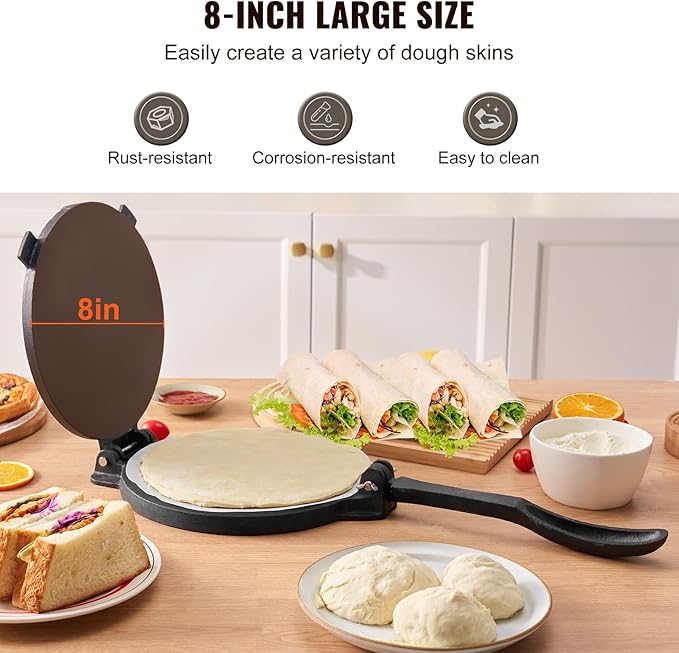 VEVOR Tortilla Press, 8 Inch Tortilla and Roti Maker, Cast Iron Heavy Duty Tortilladora Press, Pre-Seasoned Pataconera Maker with 100 Pcs Parchment Paper, Dough Maker for Flour Tortilla, Tawa, Silver