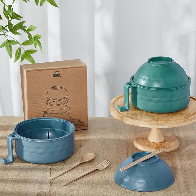 2 Sets Microwave Ramen Bowl 40 oz Wheat Fiber Portable Instant Noodle Cooker Bowl with Handles Strainer Spoon Chopstick Fork College Dorm Room Apartment Essentials(Dark Green,Dark Blue)