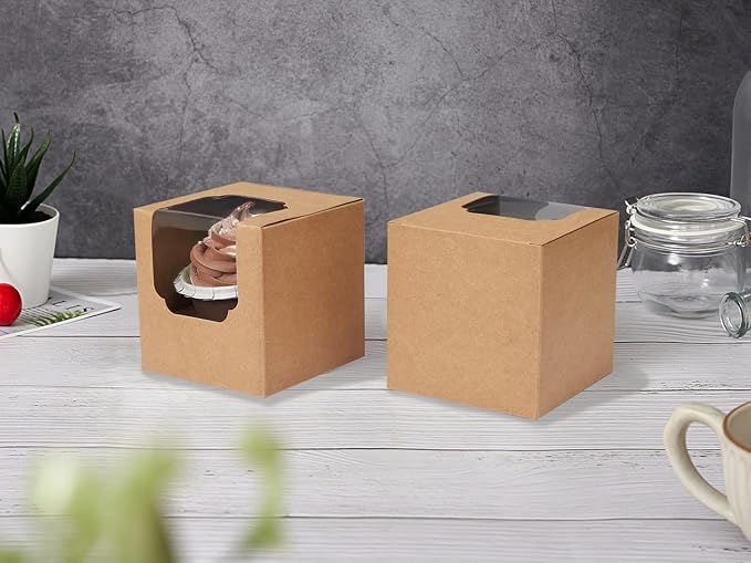 Individual Cupcake Boxes Brown with Window 30pcs for Mini and Standard Cupcakes, Auto-Popup Mini Cupcake Containers with Insert 3.5" x 3.5" x 3.5" for Birthday Baby Shower Gifting