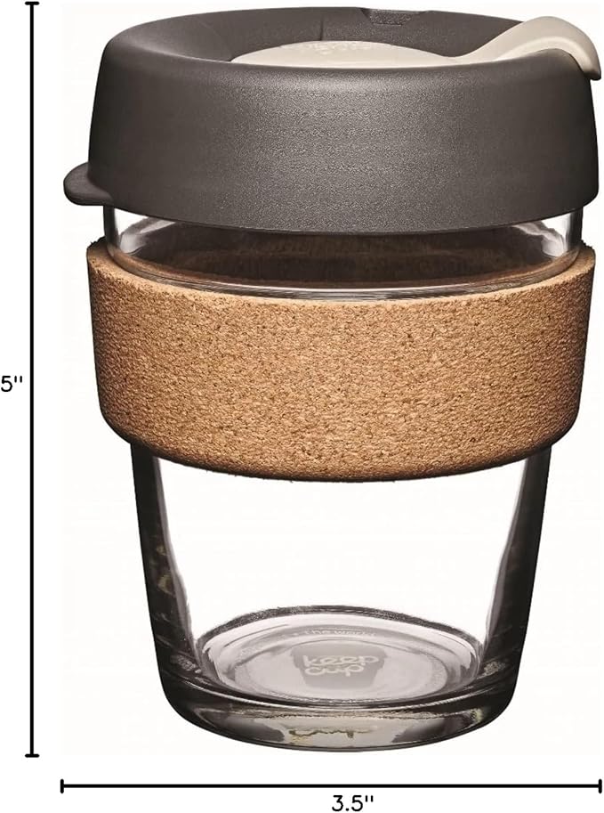 KeepCup Brew Cork, Reusable Glass Tumbler with Natural Cork, Tall Coffee Cup 12oz/340ml - Press