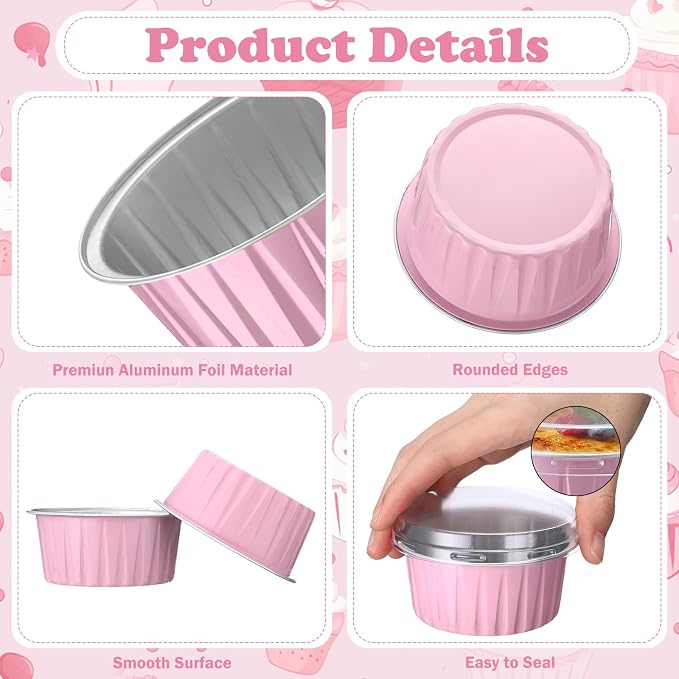 Gejoy 400 Pcs Aluminum Foil Baking Cups with Lids 5 oz Disposable Ramekins Mini Cake Pans Creme Brulee Cupcake Liners Muffin Dessert Container for Wedding Birthday Party (Elegant,Pink Color)