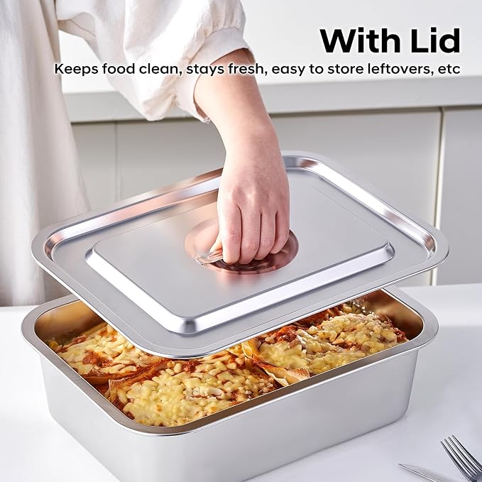 4 Inch Extra Deep Lasagna Pan with Lid, 11.6x15.6 Inch 9.2QT Large Stainless Steel Nonstick Lasagna Baking Roasting Dish Pan for Oven(L, 1 Pack)
