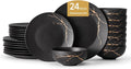 KINGSTONE Dinnerware Sets for 8, Black & Gold Plates and Bowls Sets Matte Vein Dish Set, Modern Luxury Tableware Dinner Salad Plate bowl, for Home Wedding Party Gifts (24 Piece)