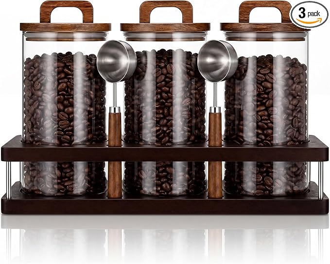 Suclain 3 Pcs 42 oz Glass Coffee Grounds Container with Shelf Glass Coffee Bean Storage Canisters with Airtight Lid and Measuring Spoon Food Storage Jars for Kitchen Sugar (Vintage Style)