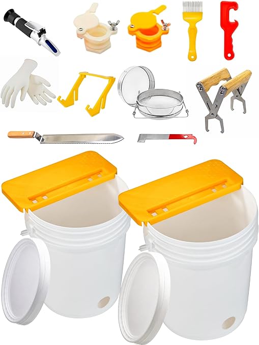 15PCS Honey Extractor Kit, 2 Pack 5 Gallon Honey Bucket with Gate, 58-90% Refractometer, Honey Strainer, Beekeeping Harvesting Equipment with Hive Tool, Frame Gripper, Uncapping Knife & Gloves