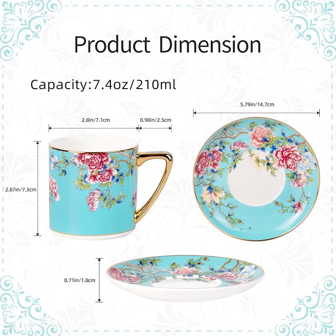 KAMMAK Tea Cups and Saucers Set of 2, Porcelain Coffee Cups, 7.5oz Stackable Espresso Mugs, Ceramic Demitasse for Coffee, Latte, Americano, Tea (633N+634N)