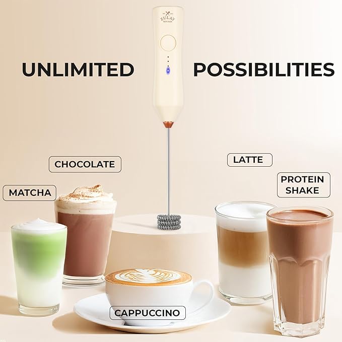Zulay Kitchen Rechargeable Milk Frother Handheld - Frother Wand, Drink Mixer, Electric Whisk Frother, for Cappuccinos, Matcha & Protein Powder - Dynamic 3 Whisk, 3 Speed 500mAh Cream Gold