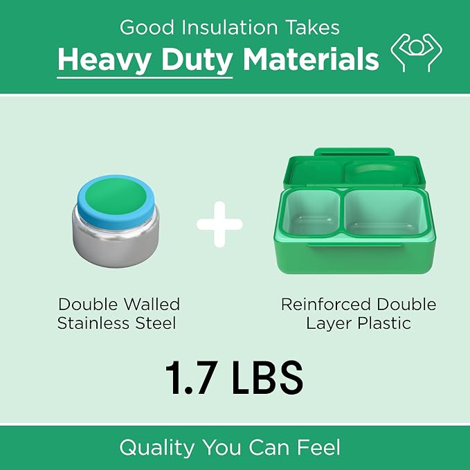 Omie OmieBox UP bento Box for Kids | Insulated Lunch Box | Leak Proof Vacuum Insulated Thermal Food jar | Cooler ice Pack | 2 Compartments (Jade Green)