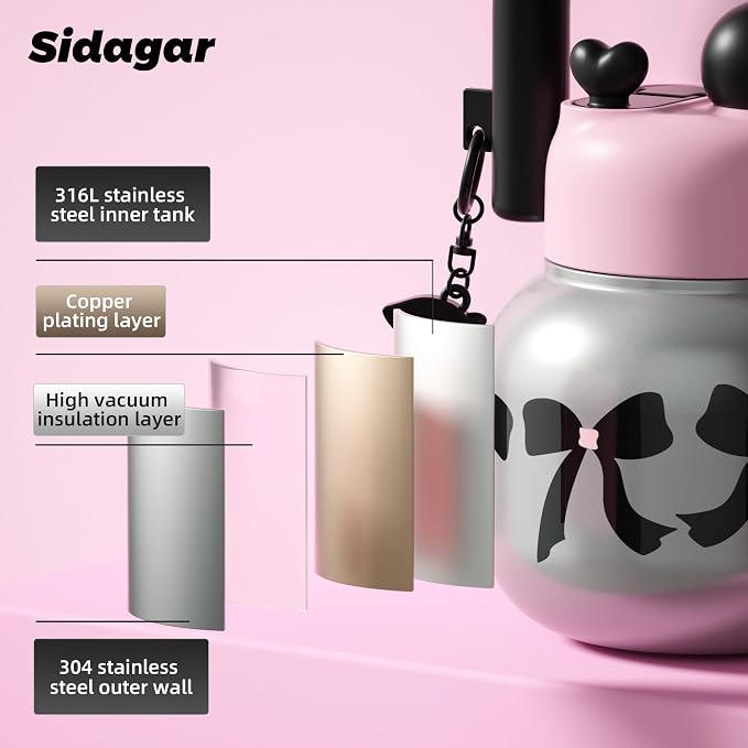 22 oz Tote Water Bottle with Straw and Carry Handle, Wide Mouth Vacuum Insulated Stainless Steel Tumbler, Travel Water Jug for Women Easy Carry, Silver Bow