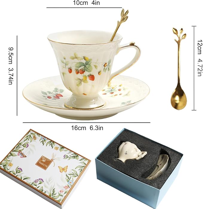 Porcelain Tea Cup and Saucer Set, 8.5 oz/250 ml Ceramic Coffee Mug with Saucer and Spoon, Vintage Coffee Cup with Gold Trim and Gift Box for Mom Women Mother's Day, Retro Strawberry Pattern