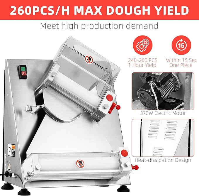 Commercial Pizza Dough Roller Sheeter, Max 12", CHEINAUTO Automatic 370W Electric Pizza Dough Roller, Stainless Steel, Suitable for Noodle, Pizza Bread and Pasta Maker Equipment