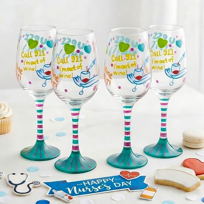 SiliFine 4 Pcs Nurse Stemmed Wine Glasses Hand Painted Drinking Cup Wine Glasses Gifts for Certified Nursing Assistants CNA Week Appreciation Nurses' Day Holiday Party Supplies