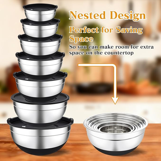 Unokit Mixing Blows with Lids Set - 7-Piece | Non-Slip Stainless Steel Nesting Mixing Bowls with Grater Attachments, Mixing Bowl Set for Multi Mixing & Serving