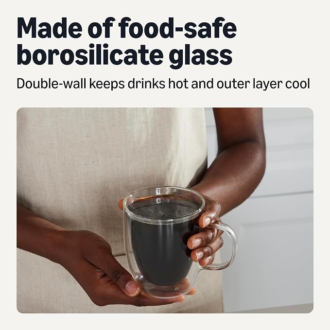 Amazon Basics Double Walled Glass Coffee Mugs, 4-Piece Set, 12 oz., Dishwasher-Safe, Borosilicate Glass