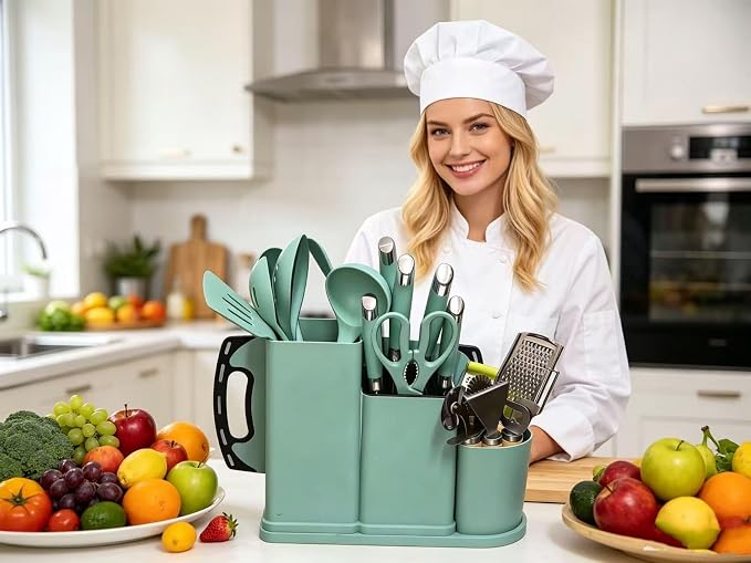 Kitchen Utensils and Knives Set, 20PCS Knife and Cooking Spoon Tools Set with Storage Holder, Sharp Stainless Steel Knife Sets with Bread, Chef Knife (Teal)