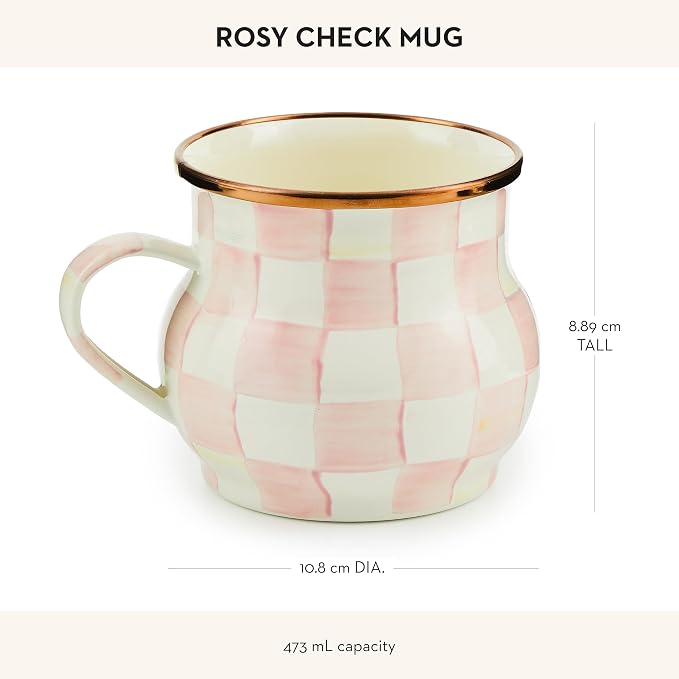 MACKENZIE-CHILDS Enamel Mug, Cute Enamelware Coffee and Tea Mug, Unique Drinkware, 16 Ounces, Pink-and-White Rosy Check, Set of 1