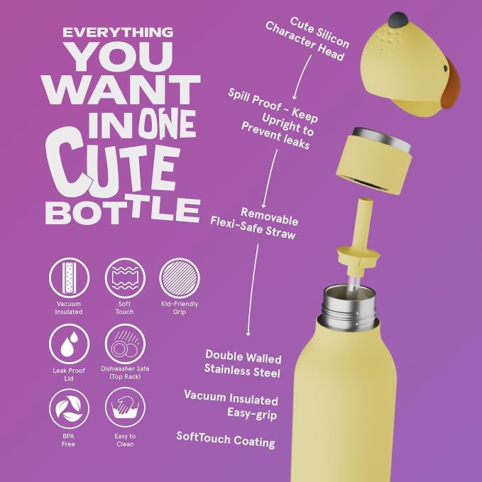 asobu Bestie Bottle Insulated Stainless Steel Water Bottle with Detachable Soft Animal Head Fun Drinking For Kids and Teens with Flexible Reusable Straw 16 Ounce