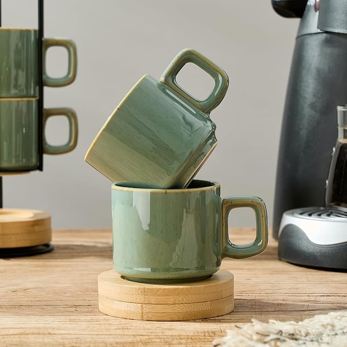 LUKA Porcelain Stackable Espresso Cups with Saucers and Metal Stand, 4 Ounce Small Ceramic Demitasse Cups Set for Latte, Specialty Coffee Drinks, Cafe Mocha,Tea - Set of 4, Wild Sage Earth