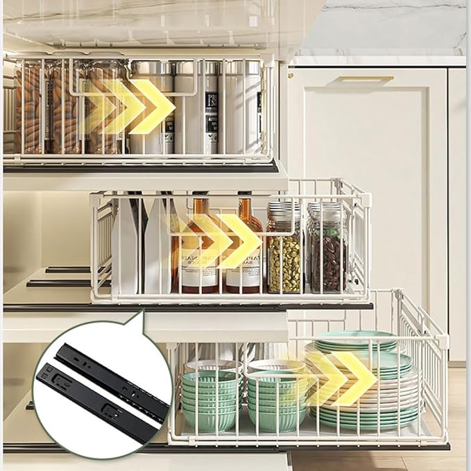 Expandable Pull Out Cabinet Organiser, No Drill Adhesive Slide Out Kitchen Drawer Shelf Durable Metal for Under Sink, Cupboard, Pantry, Adjustable Width (12.8"-19.7") (Style B White, 1 Pack)