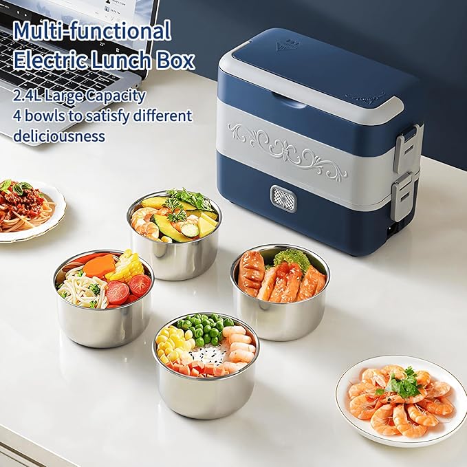 Electric Lunch Box for Adults, 200W Heated Lunch Containers 2.4L(10Cups) Stainless Steel Electric Food Warmer,4 bowls Double Layer Quick Heatable Lunchbox for Office/Home