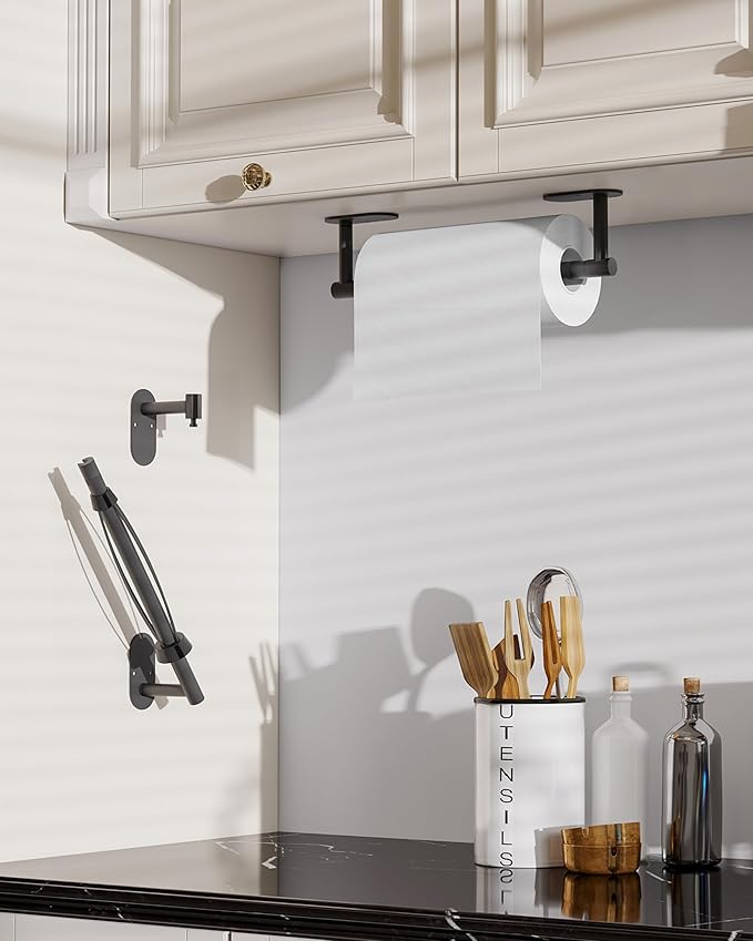Paper Towel Holder Under Cabinet, Single Hand Operable Roll Holder with Damping Effect,No Drilling or Wall Mounted SUS304 Stainless Steel for Kitchen Bathroom (Matte Black)
