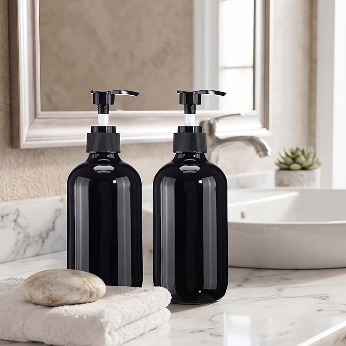 Tanlade Glass Pump Bottle Dispenser 4 oz Travel Bottles with Pump Refillable Glass Containers for Toiletries Lotion Liquid Soap Shampoo Essential Oils Cosmetic Travel Accessories(Black)