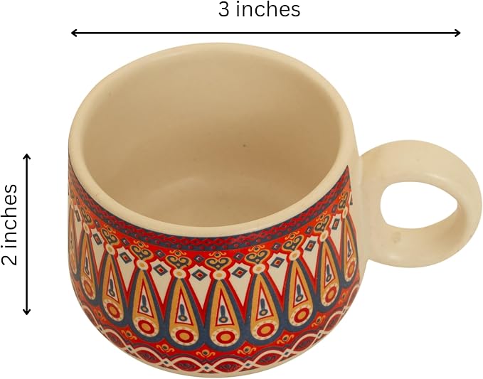 Handcrafted Set of 6 Ceramic Tea Cups 150 ML Elegant Porcelain Breakfast Coffee Mugs Boho Style For Cortado Cappuccino Espresso Kulhad Chai Microwave & Dishwasher Red Food Safe For Home Office Kitchen