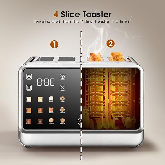 Touch Screen Toaster 4 Slice, DualZone Control, 6 Browning Levels & Toast Types,Single-Slice Mode, Stainless Steel, Removable Crumb Tray