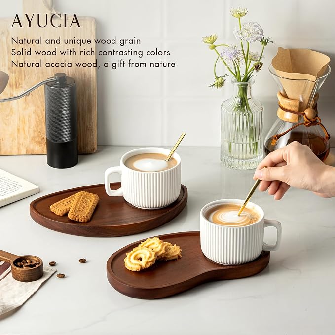 Tea Cup and Saucer Set, 8OZ Cappuccino Cup with Acacia Serving Saucer and Spoon, White Cream Ceramic Coffee Mug with 9.4inch Wooden Plate for Latte Dessert Breakfast