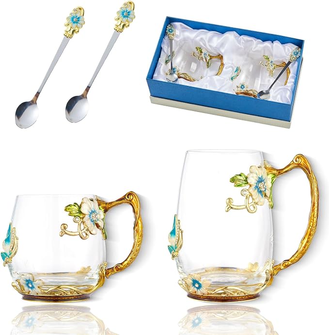Tea Cup Glass Coffee Mugs,Fancy Tea Cup Set Birthday Gift Idea for Tea Lover and Man & Women Novelty Coffee Mugs Rose Flower Enamel Cup with Spoon