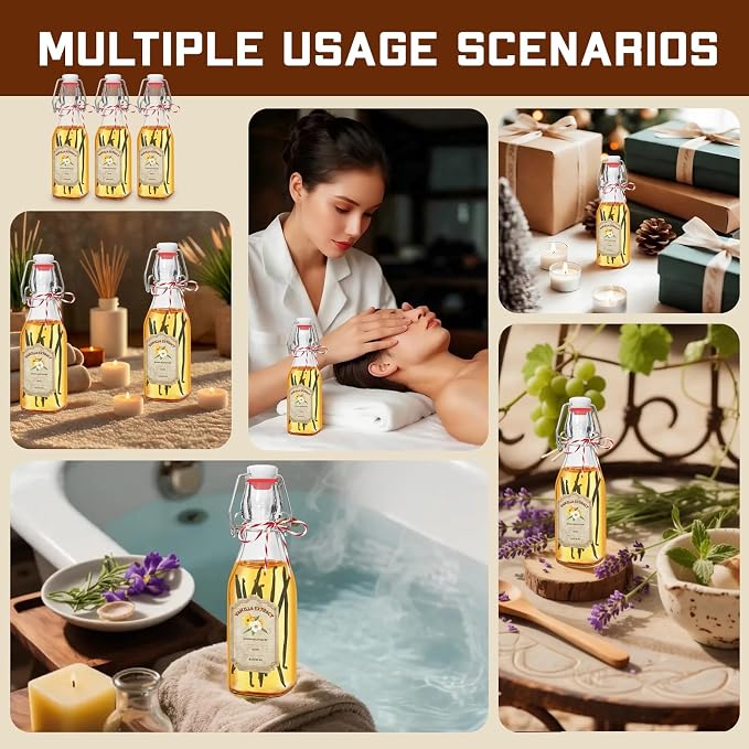 10 Pack Swing Top Glass Vanilla Extract Bottles 8 oz with Lids, Vanilla Labels & Funnel, Boston Square Bottles for Homemade Syrup, DIY Gifts, Flip Top Jars for Extract