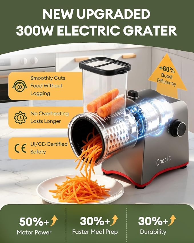 Upgraded 300W Electric Cheese Grater with 7 Stainless Steel Blades,Cheese Shredder Electric for Slicing,Shredding & Grinding Vegetables,Fruits and Nuts,Easy Clean with 2 Brushes & Blades Storage Bag