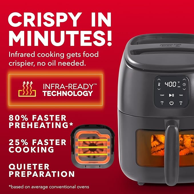 Dash 2.6QT Infrared Digital Small Air Fryer - Compact Air Fryer with Safe Ceramic Nonstick, Viewing Window, 2 Custom Presets & Auto Shake Reminder - Dishwasher Safe Parts