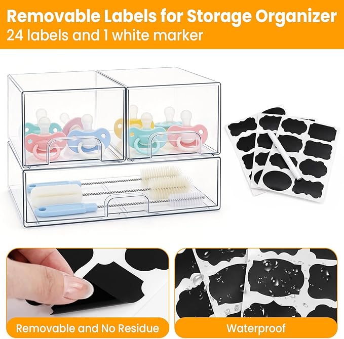 Bottle Storage Organizer Baby, Clear Stackable Storage Drawers Set for Baby Bottle, Beauty Supplies Storage, Ideal for Countertop, Vanity, Bathroom, Cabinet, Pantry Organization (7.8"H, 3 Pack)