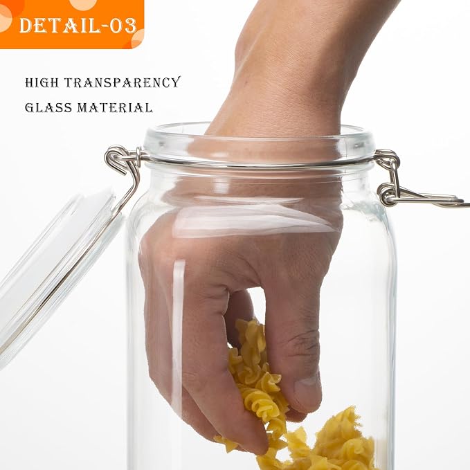 34oz Square Glass Food Storage Jars with Airtight Clamp Lids, 3 Pack Large Kitchen Canisters for Flour, Cereal, Coffee, Pasta and Canning, Mason Jar (Clear 34oz Square - 3 sets)
