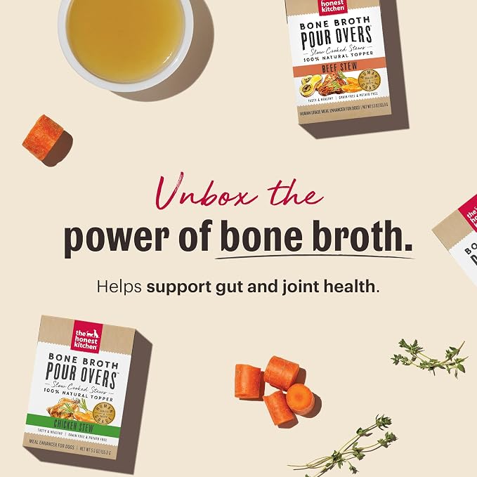 The Honest Kitchen Human Grade Bone Broth POUR OVERS Wet Toppers for Dogs (12 Pack), 5.5 oz - Beef Stew