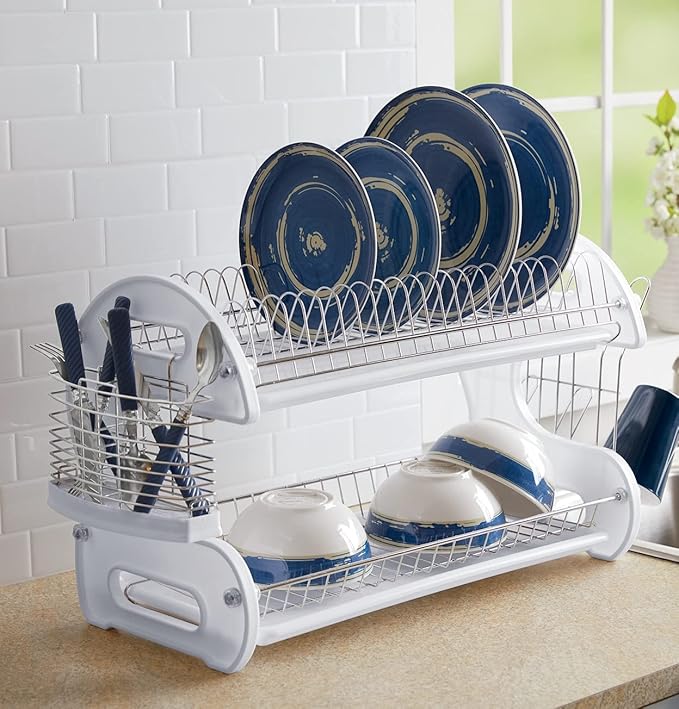 Montgomery Ward Retro 2-Tier Dish Rack, Space-Saving Design, Durable Plastic and Chrome-Plated Wire, Easy Assembly (White)